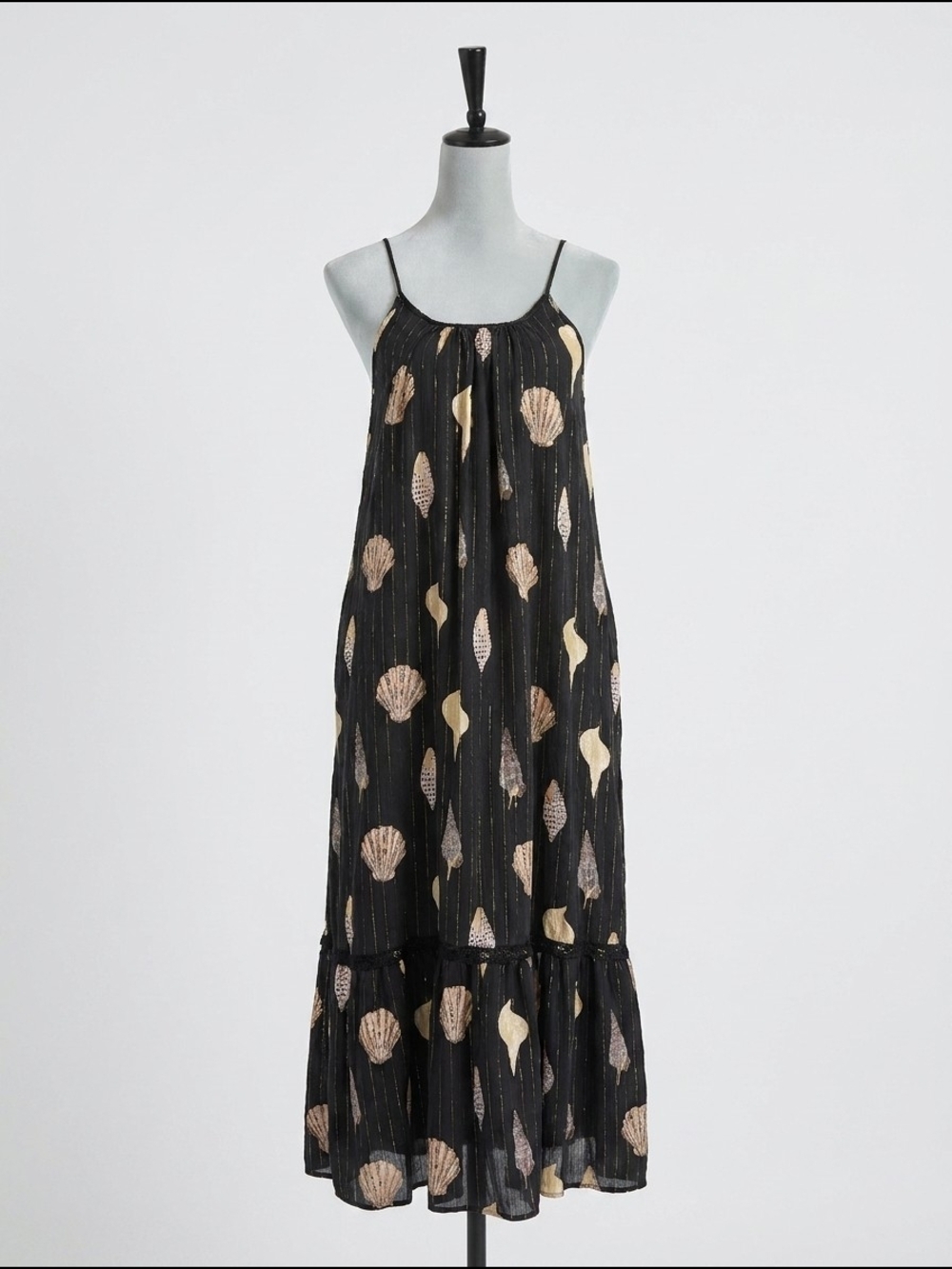 Black Sleeveless Midi Dress with Metallic Shell Print
